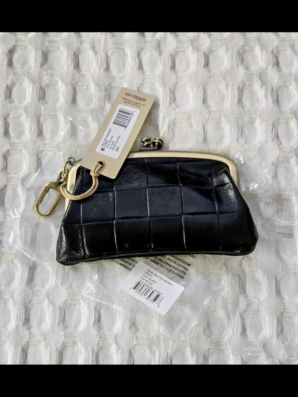HOBO Black Cheer Embossed  Leather Kiss-Lock Coin Pouch with Gold Hrdw &Key Clip
